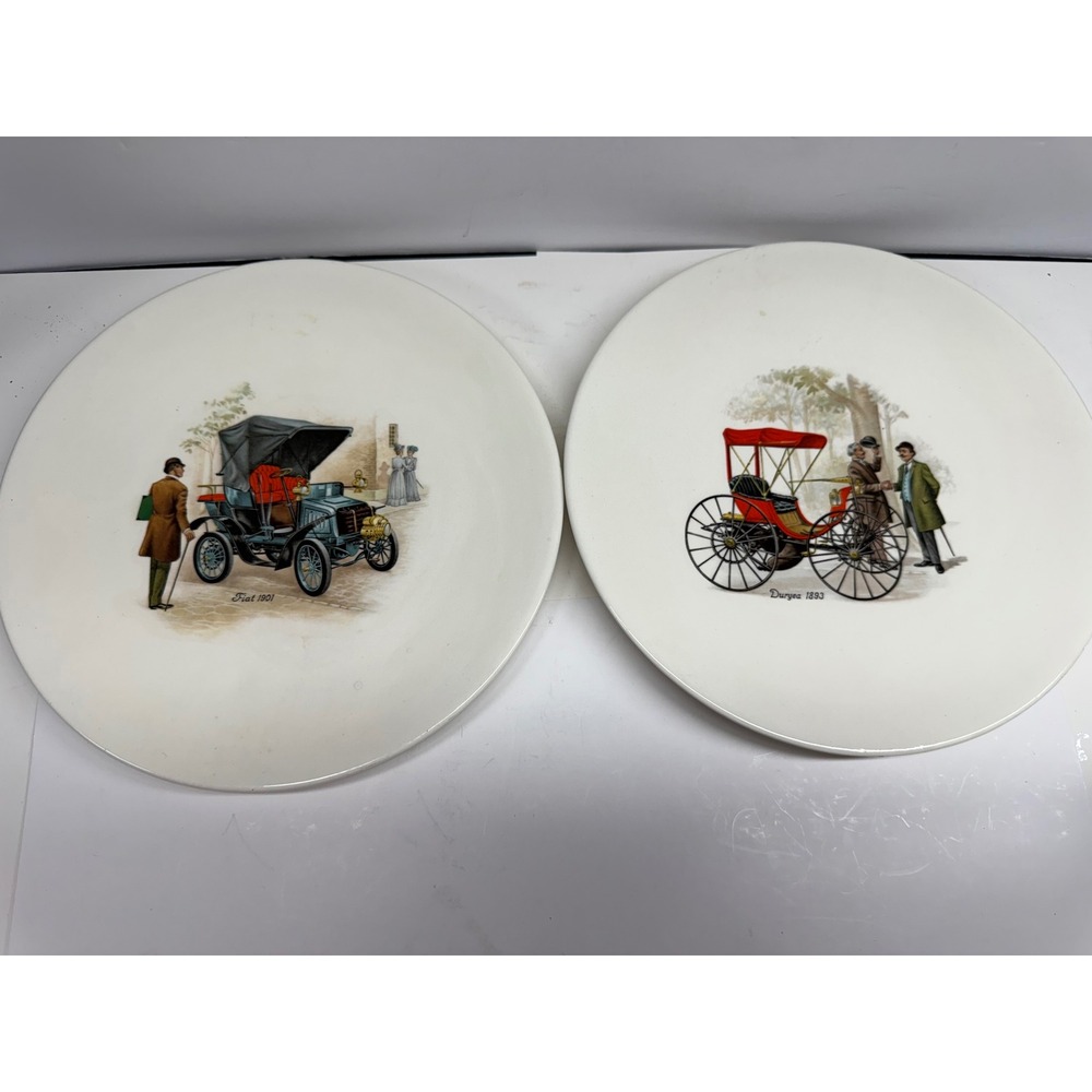 Vintage Holland Mold Antique Car Ceramic Plates Fiat 1901 Duryea 1893 Set of 2